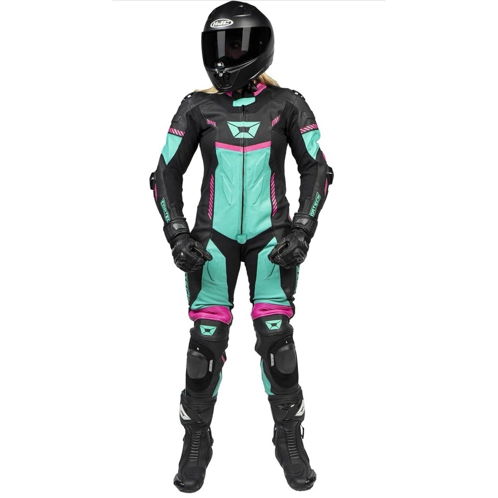 Cortech Revo Sport Air Women's 1-Piece Leather suit, Black/Teal/Pink NWT Size XL